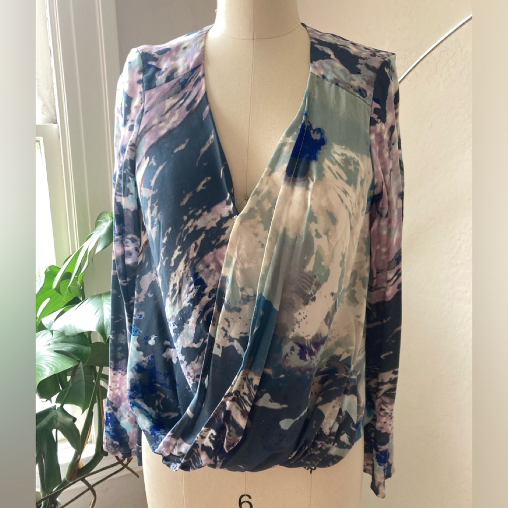 Parker Abstract Mountain Camo Print 100% Silk Wrap Surplice Top Size XS